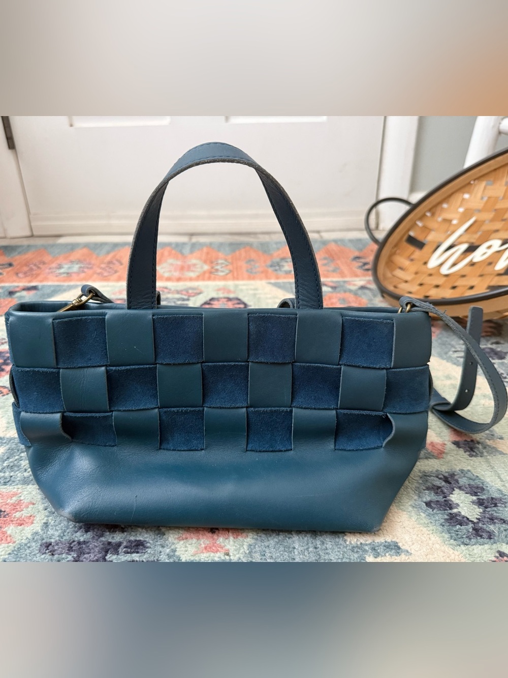 Madewell Woven Panel Leather Tote Bag in Teal
